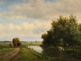un tableau représentant une scène de vie à la ferme avec des chevaux et une charrette