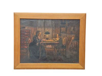 painting of a man and woman playing cards at a table