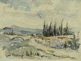 peinture représentant un paysage avec des arbres et une montagne au loin
