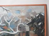 a painting on the wall of a building with a clock on it