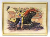un tableau représentant un homme chevauchant un taureau avec une cape rouge