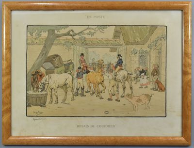 tableau représentant un groupe de personnes à cheval dans une cour