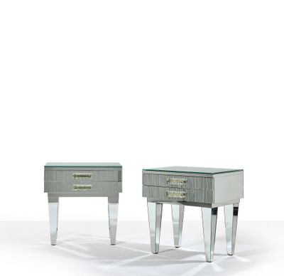 pair of mirrored bedside tables with drawers on legs