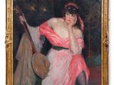 tableau représentant une femme en robe rose tenant une guitare