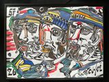 a picture of a painting of two men with hats on