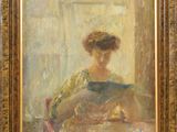 a painting of a woman sitting at a table reading a book