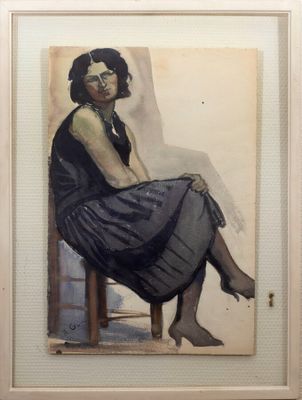 tableau représentant une femme en robe noire assise sur une chaise
