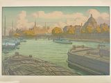 une image d'une peinture d'une ville au bord de l'eau