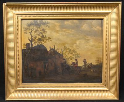 an oil painting of a village scene with a horse drawn carriage