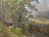 an image of a painting of a landscape with trees and a river
