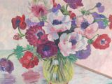 a painting of a vase of flowers on a table
