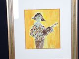 painting of a man playing a guitar on an easel