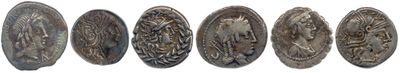 six types différents de pièces d'argent sont présentés en rangée