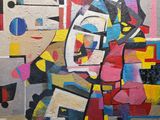 peinture abstraite représentant une femme avec un chat et un chien