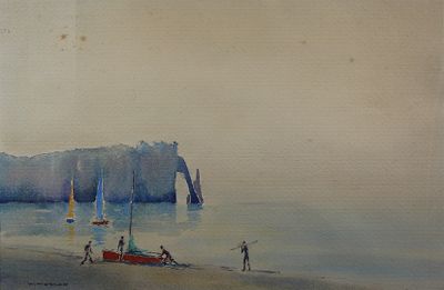 a painting of people on the beach with boats in the water