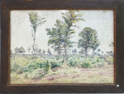 une peinture à l'huile d'un champ avec des arbres en arrière-plan