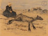 painting of a woman sitting on the ground next to a cow