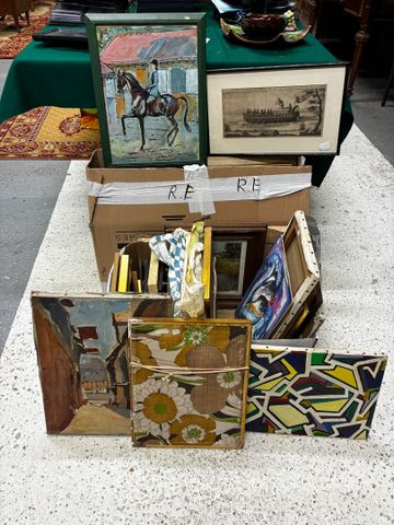 Trois cartons d'huiles sur toile, d'huiles sur panneau, gravures,...