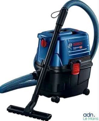 un aspirateur bleu muni d'un tuyau noir et d'une poignée rouge