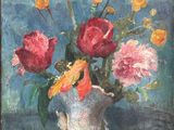 une peinture de fleurs dans un vase sur une table