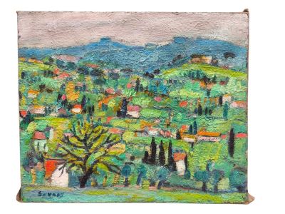 une peinture à l'huile représentant un paysage verdoyant avec des arbres et des maisons
