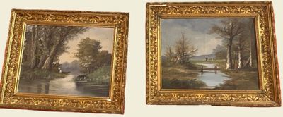 deux tableaux représentant une rivière avec un bateau et un homme dans un bateau sur l'eau