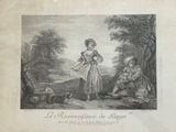 an old print of a woman in a dress standing next to a man and a dog