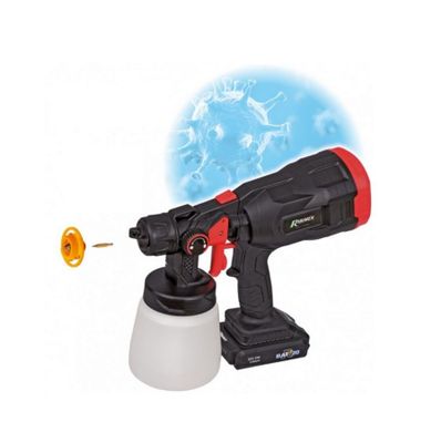 a close up of a spray gun with an orange ball in the background
