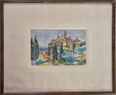 une image représentant une photo d'un tableau représentant une ville, dans un cadre