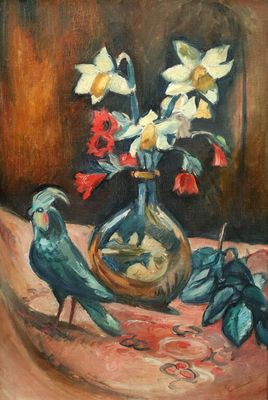 un tableau représentant un vase contenant des fleurs et des oiseaux