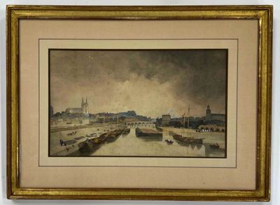 framed painting of a view of a city with boats on the water
