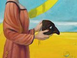 a painting of a woman holding a dog in her hands