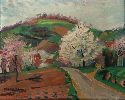 une peinture à l'huile représentant une route de campagne bordée d'arbres en fleurs