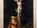 a painting of jesus on the cross with a woman kneeling next to him