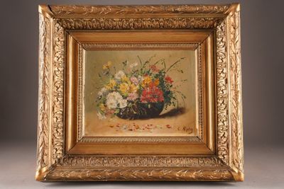 an image of a painting of flowers in a vase on a table