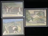 three paintings of houses and trees are hanging on a black wall