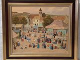 an oil painting of a town scene with people and buildings