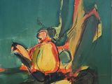 un tableau représentant un homme assis sur une moto