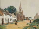 painting of a village street with a church steeple in the background