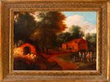 an oil painting of a farm scene with a red barn in the background