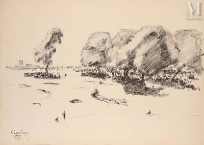 dessin représentant un paysage avec des arbres et des personnes dans l'eau