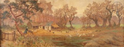 a painting of a farm scene with a pond and a house