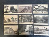 several black and white photographs of old buildings and people in front of them