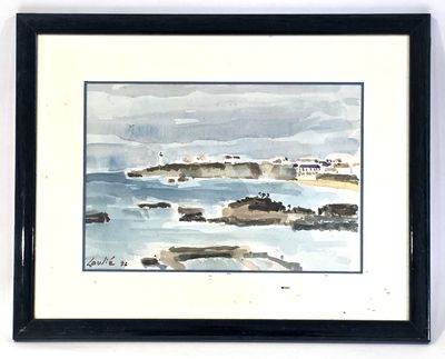 aquarelle encadrée représentant une vue de plage avec un phare au loin