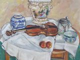 a painting of a violin and a vase on a table