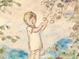 dessin représentant un jeune garçon debout dans un champ avec un cerf-volant