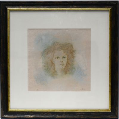 painting of a woman ' s face in a frame on a wall