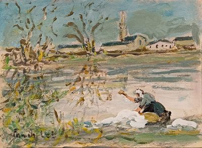 un tableau représentant un homme jouant de la guitare dans l'eau