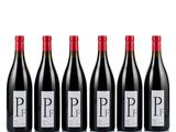 six bottles of red wine lined up in a row