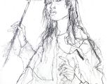 drawing of a woman wearing a hat and holding a wand